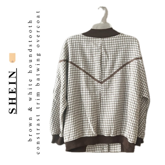 shein dazy • brown & white houndstooth snap button overcoat jacket - Picture 5 of 16